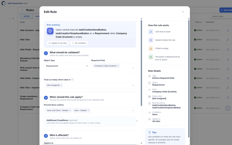 pony Edit Rule Dialog in SAP Cloud ALM – Konfiguration einer Pflichtfeldregel für das kundeneigene Feld Company Code auf Requirements.