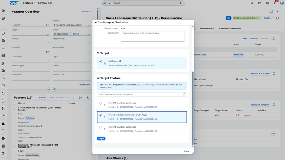 SAP Cloud ALM Feature mit pony XLD-Integration: XLD-Status, Transport Checks mit Hinweis „XLD mandatory“ und XLD-Verteilungsübersicht im Feature.
