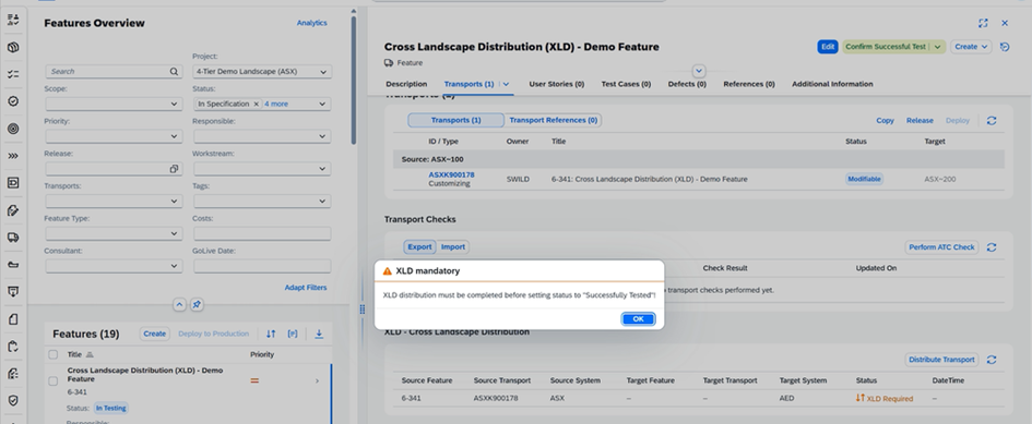SAP Cloud ALM Feature mit Hinweis „XLD mandatory“: Statuswechsel auf „Successfully Tested“ wird blockiert, solange die Cross Landscape Distribution nicht abgeschlossen ist.