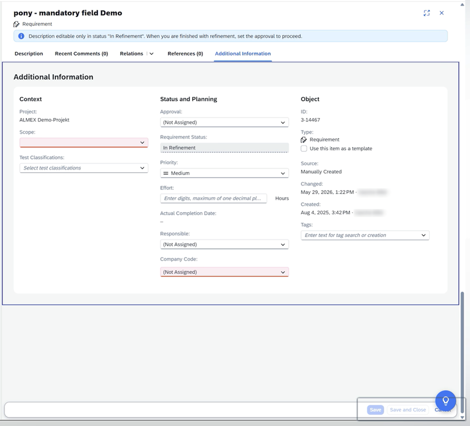 SAP Cloud ALM Requirement mit pony – leere Pflichtfelder Scope und Company Code sind rot hervorgehoben, der Speichern-Button ist deaktiviert.